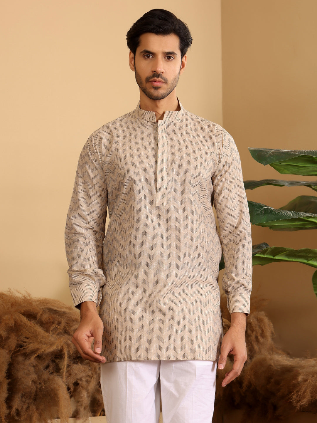 Beige-Black Thread Work Cotton Short Kurta