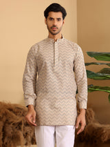 Beige-Black Thread Work Cotton Short Kurta
