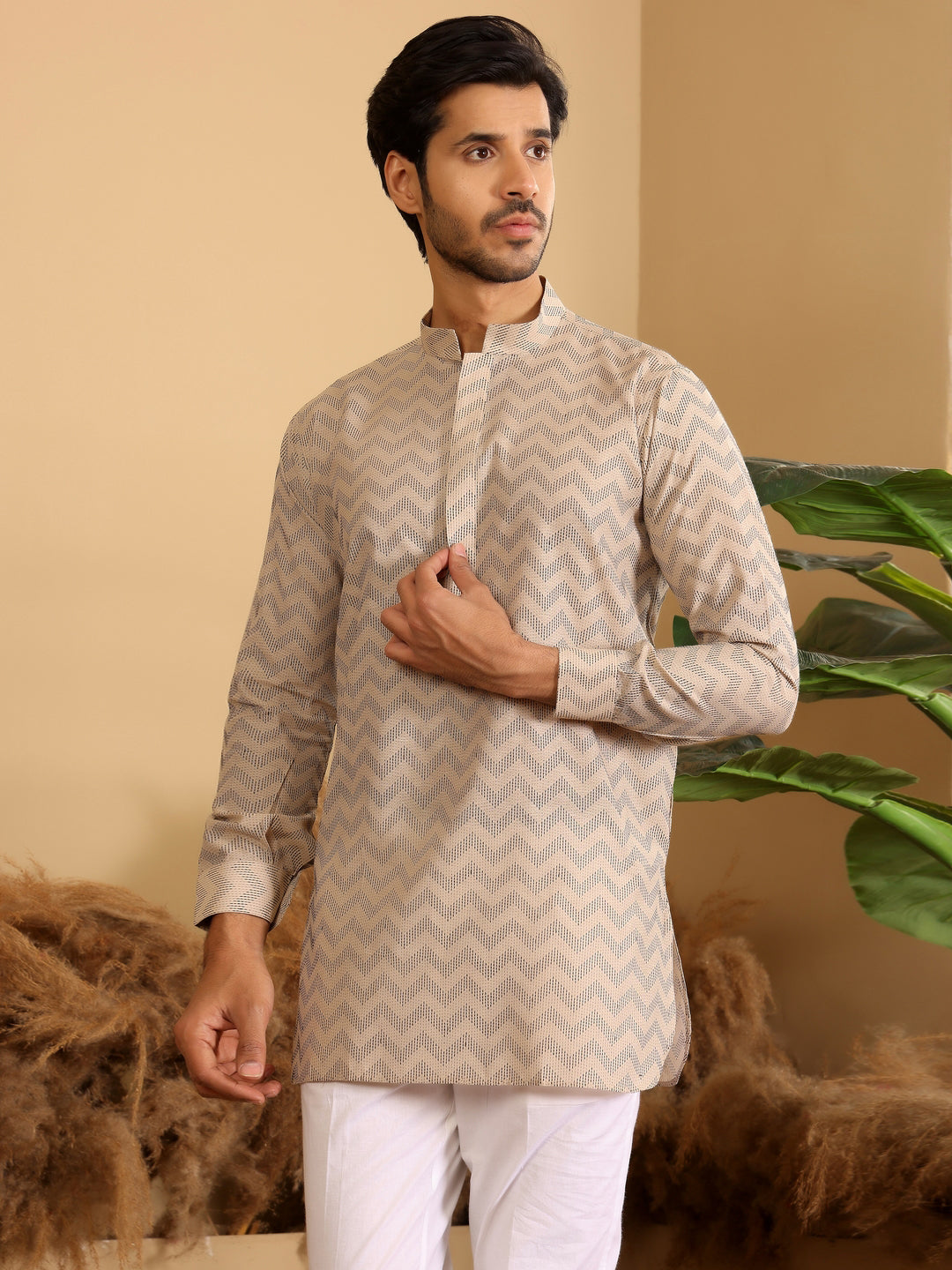 Beige-Black Thread Work Cotton Short Kurta