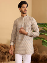 Beige-Black Thread Work Cotton Short Kurta