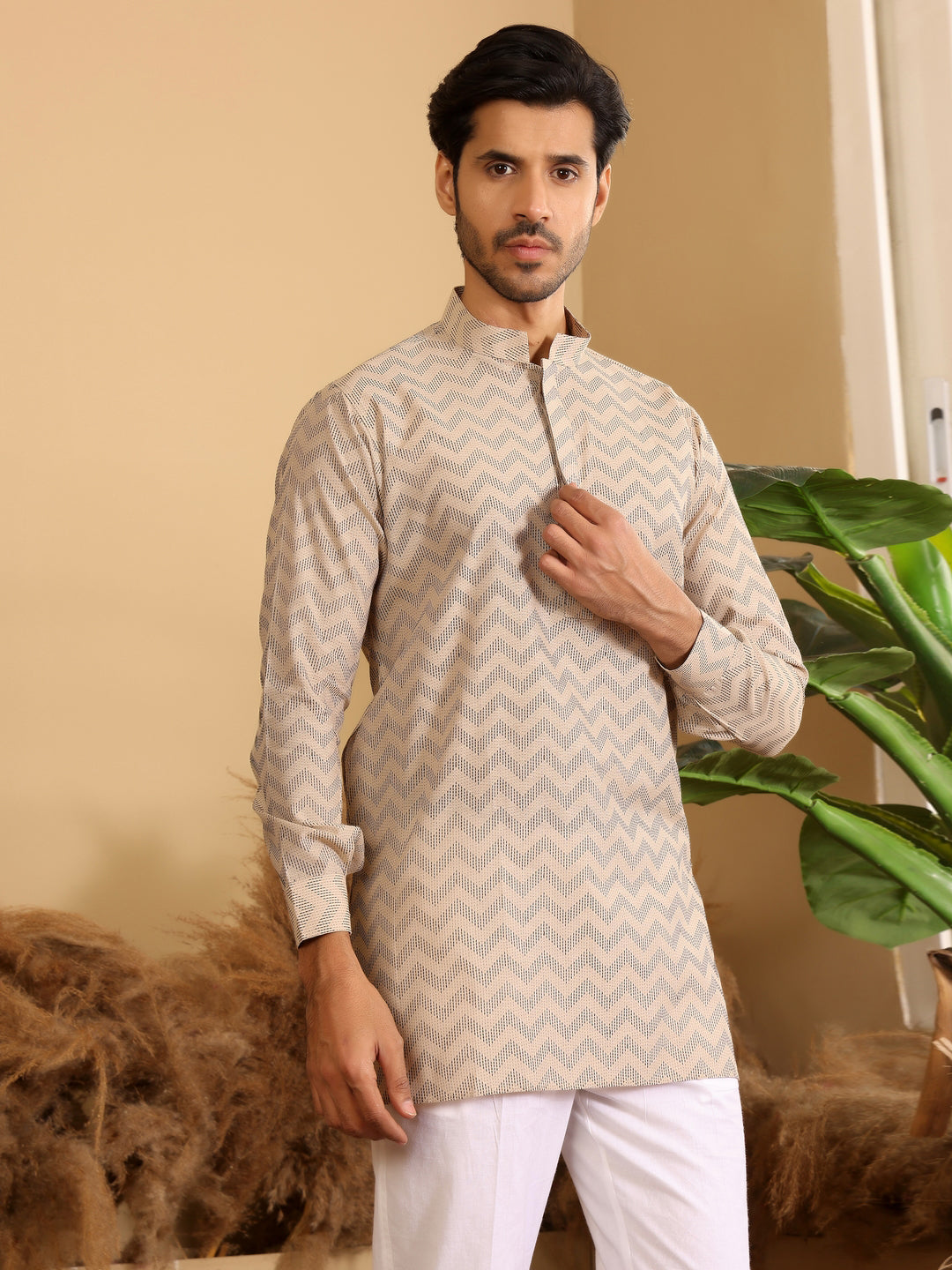 Beige-Black Thread Work Cotton Short Kurta