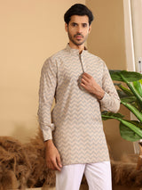 Beige-Black Thread Work Cotton Short Kurta