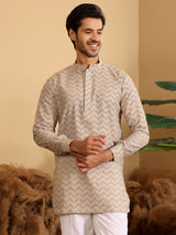 Beige-Black Thread Work Cotton Short Kurta
