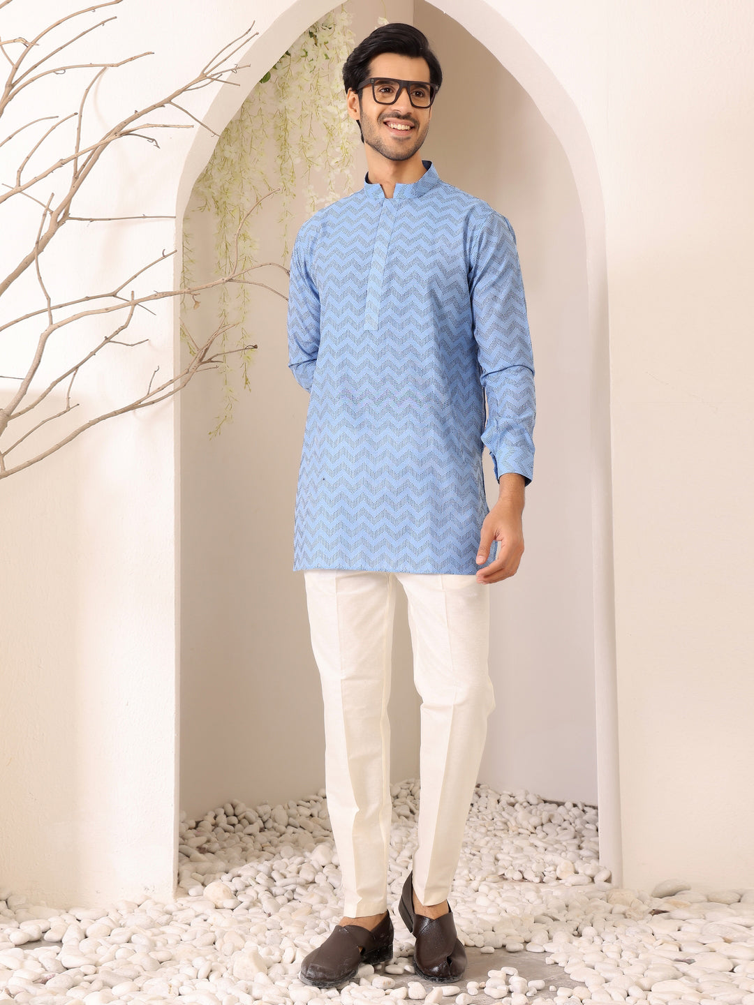 Blue-Black Thread Work Cotton Short Kurta