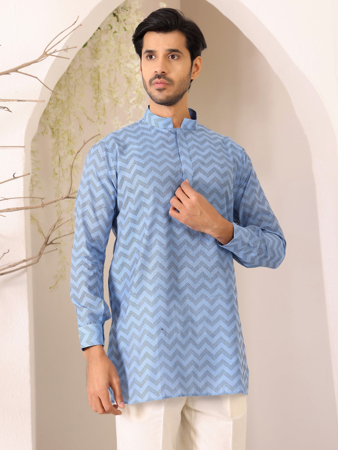 Blue-Black Thread Work Cotton Short Kurta