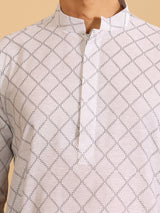 White-Black Thread Work Cotton Short Kurta