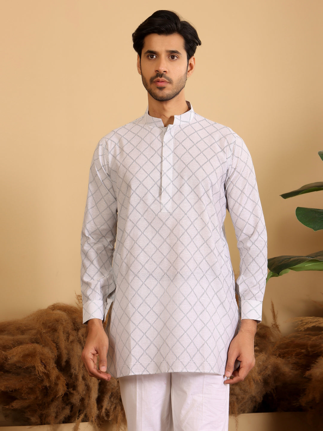 White-Black Thread Work Cotton Short Kurta