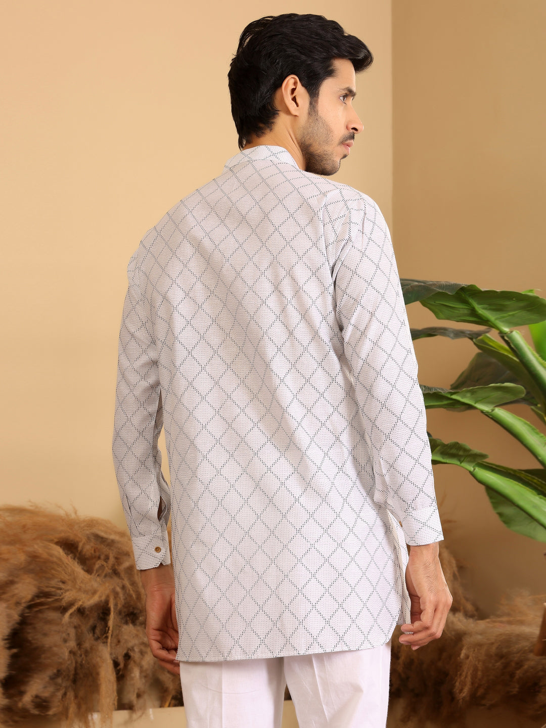 White-Black Thread Work Cotton Short Kurta