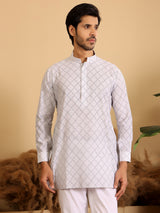 White-Black Thread Work Cotton Short Kurta