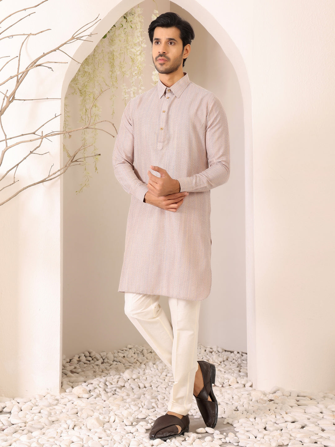 Beige Handwoven Cotton Pathani Kurta