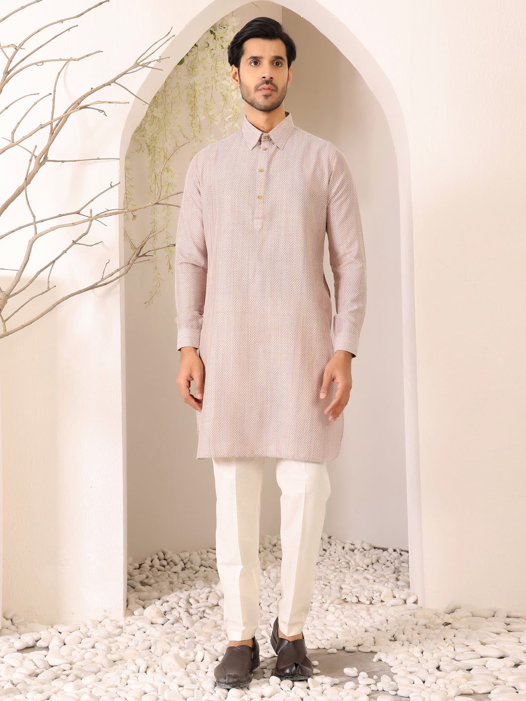 Beige Handwoven Cotton Pathani Kurta
