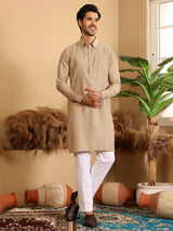 Khaki Handwoven Cotton Pathani Kurta