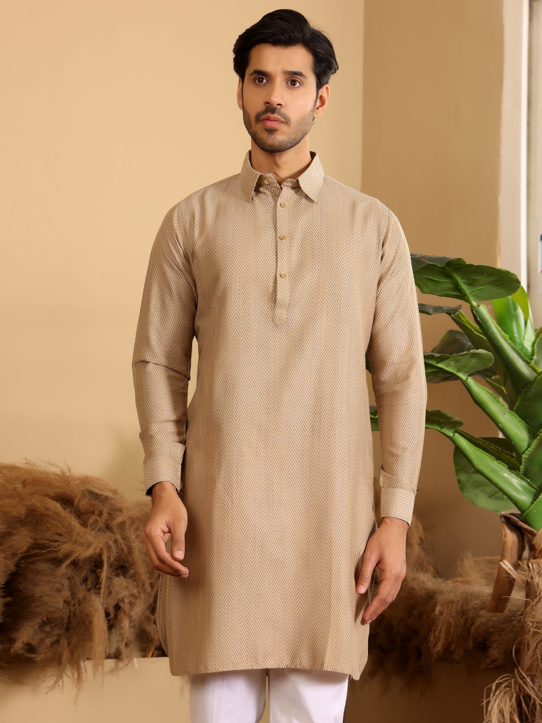 Khaki Handwoven Cotton Pathani Kurta