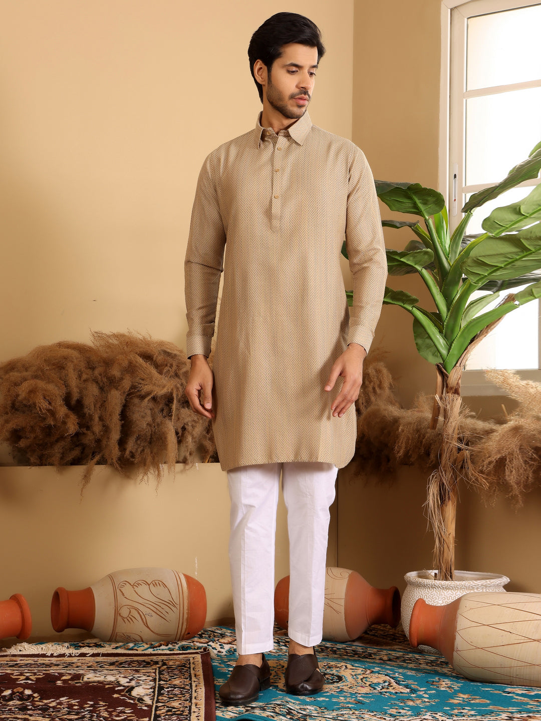 Khaki Handwoven Cotton Pathani Kurta