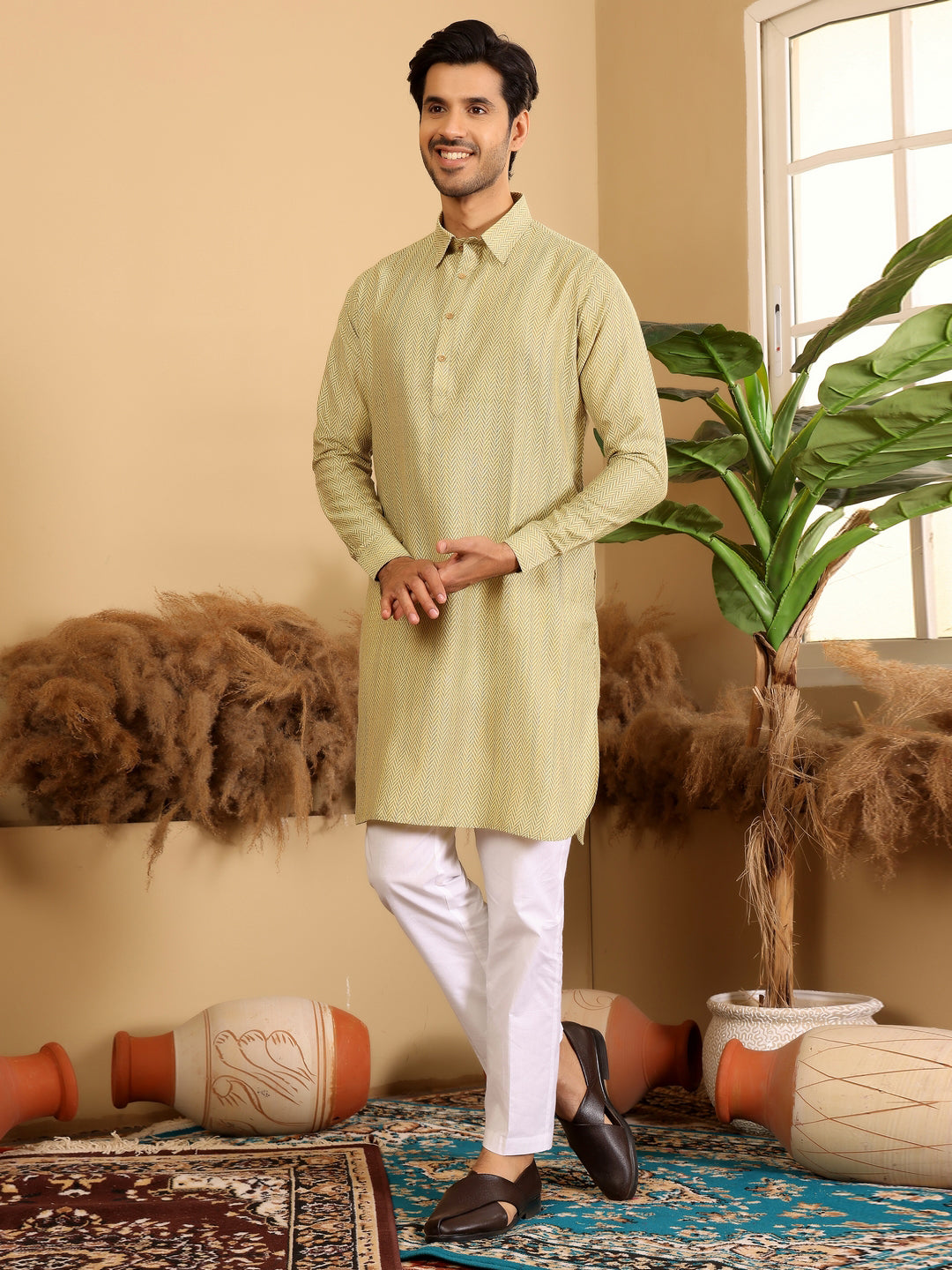 Yellow Handwoven Cotton Pathani Kurta