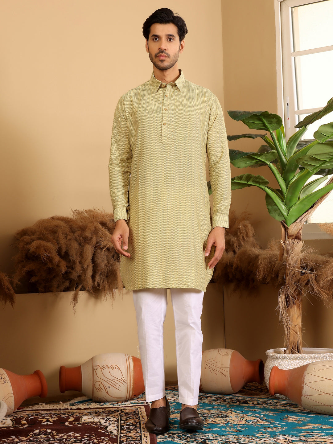 Yellow Handwoven Cotton Pathani Kurta