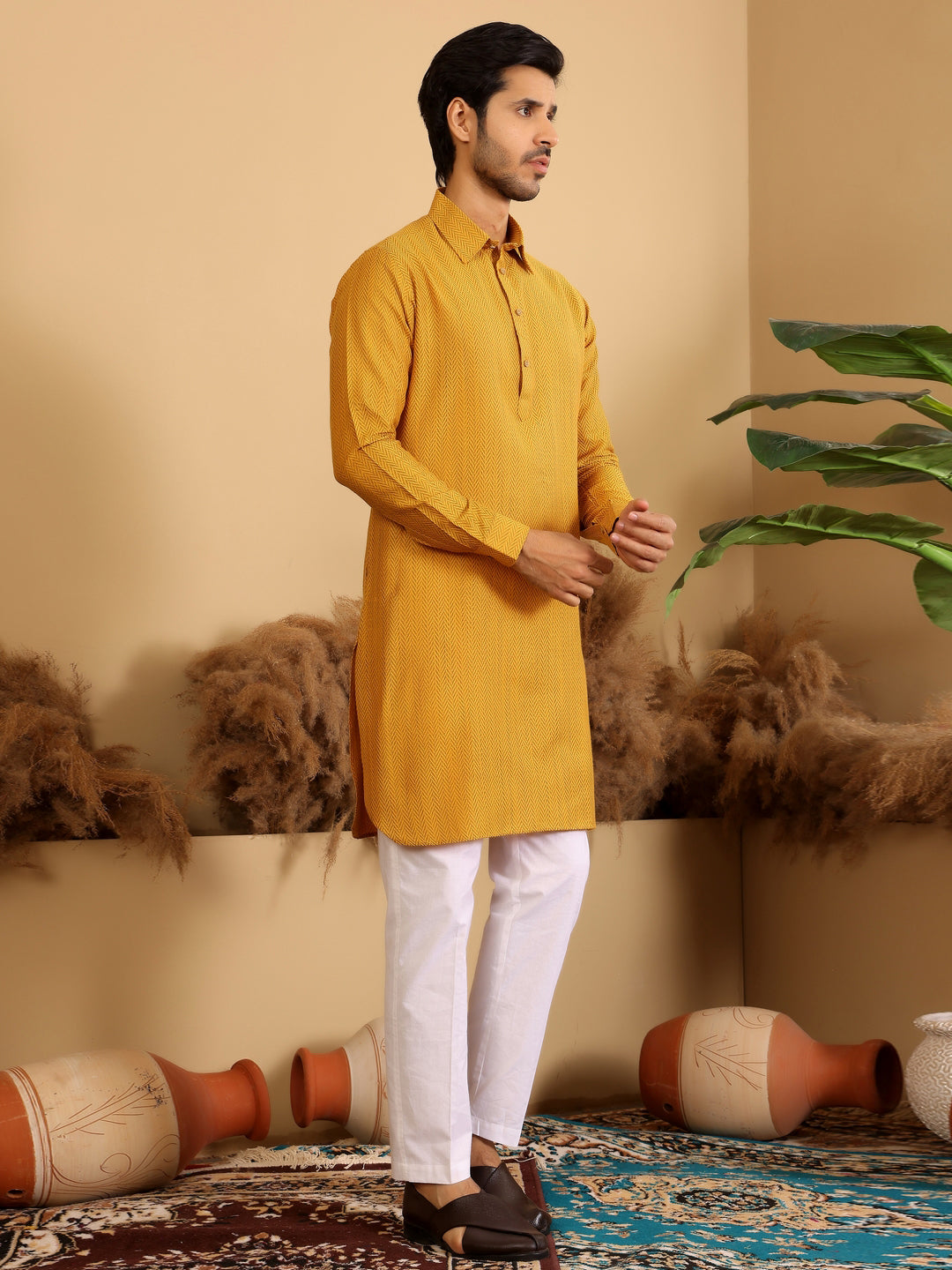 Mustard Handwoven Cotton Pathani Kurta