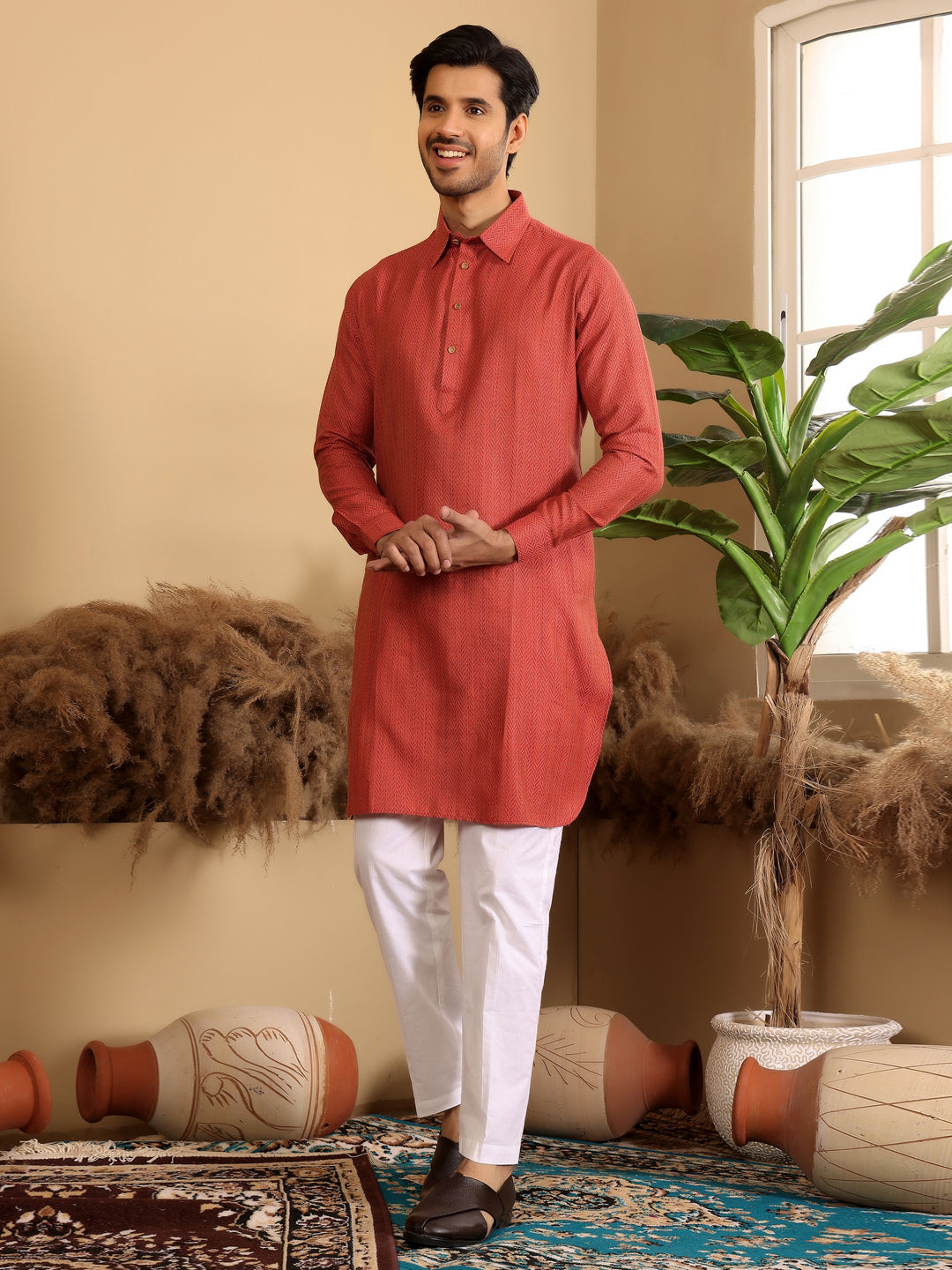 Red Handwoven Cotton Pathani Kurta
