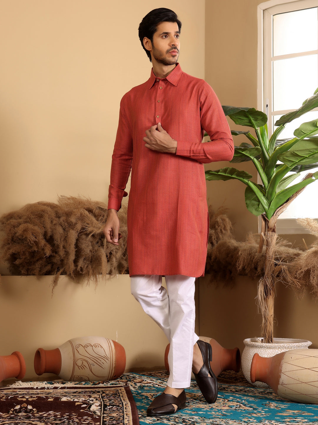 Red Handwoven Cotton Pathani Kurta