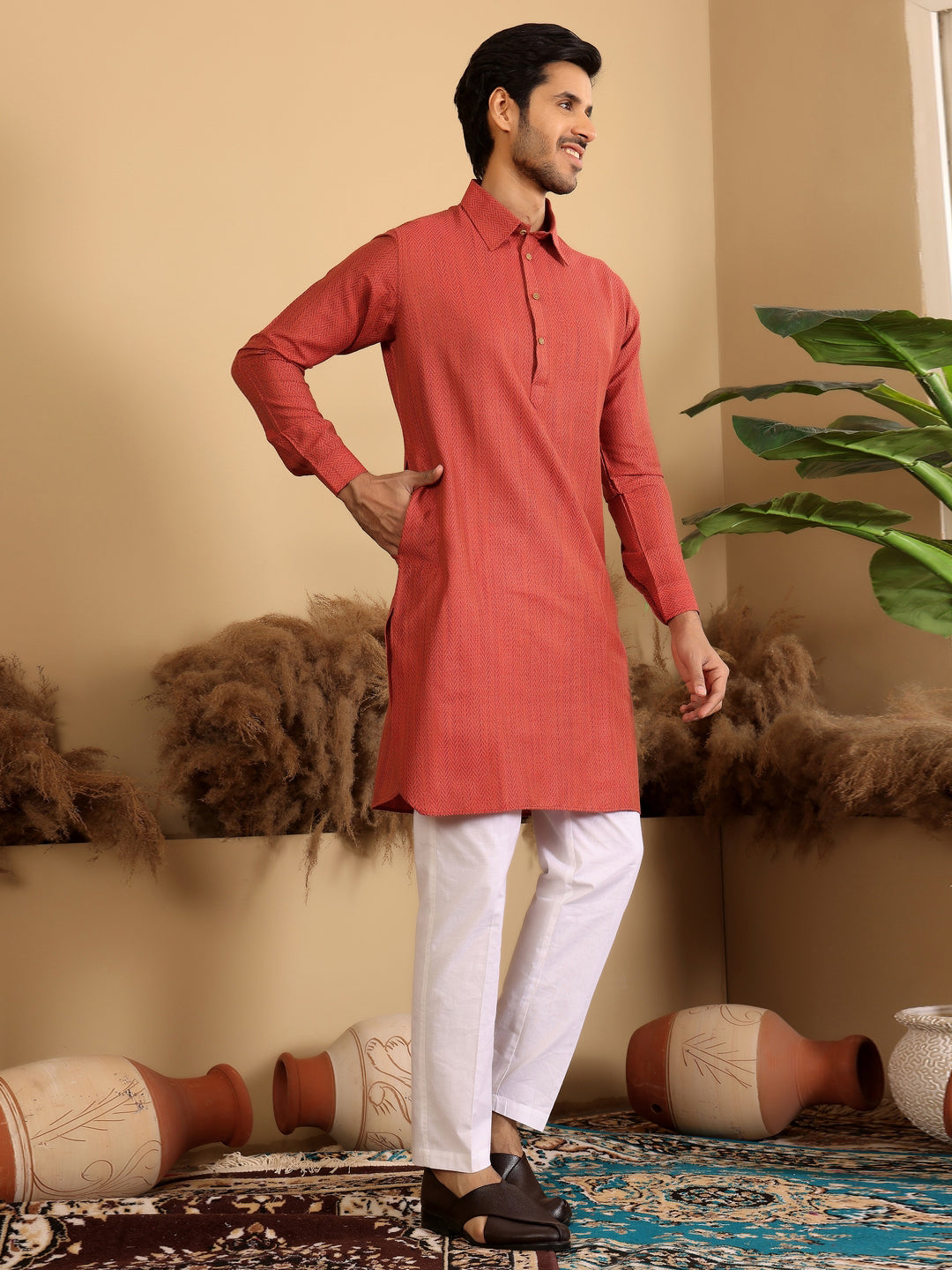 Red Handwoven Cotton Pathani Kurta