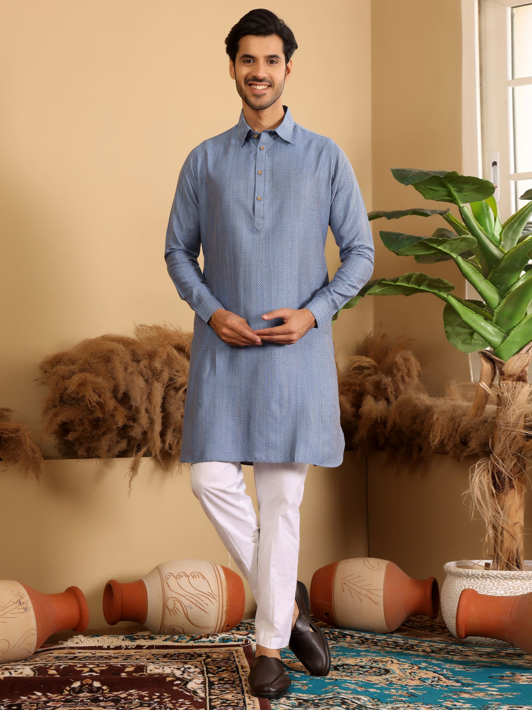 Blue Handwoven Cotton Pathani Kurta