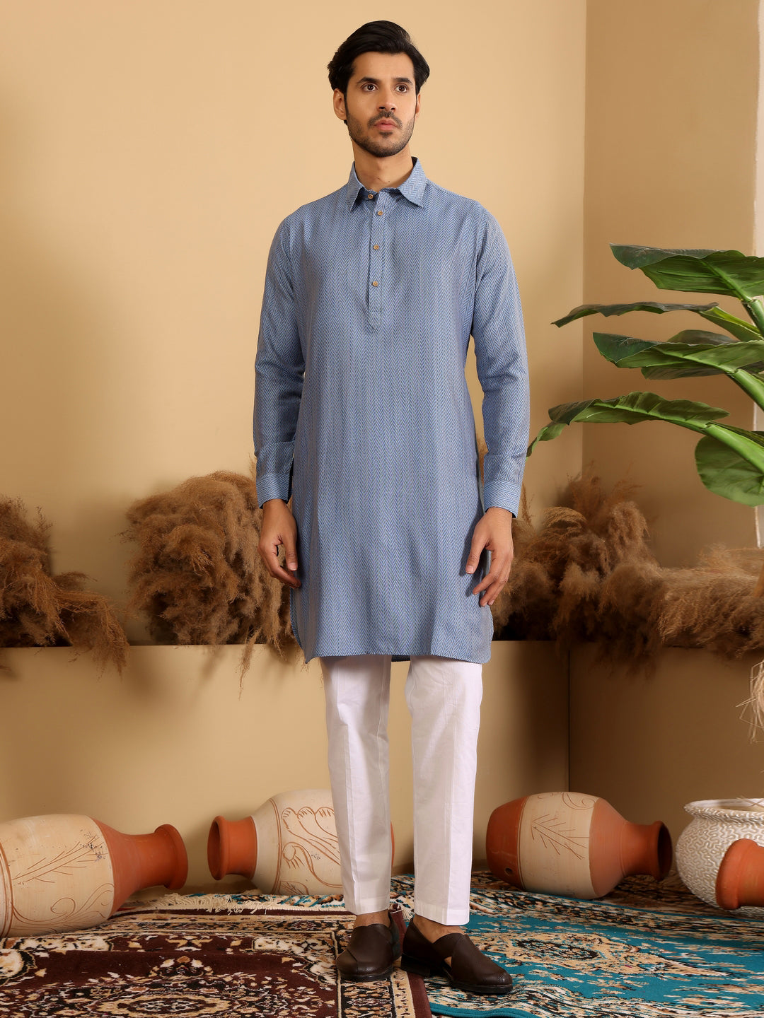 Blue Handwoven Cotton Pathani Kurta