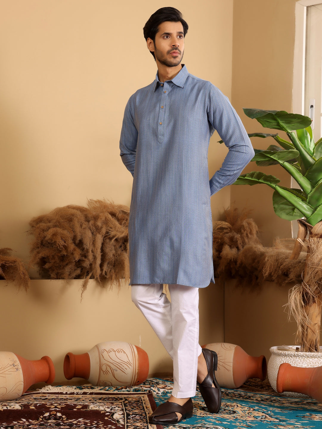 Blue Handwoven Cotton Pathani Kurta