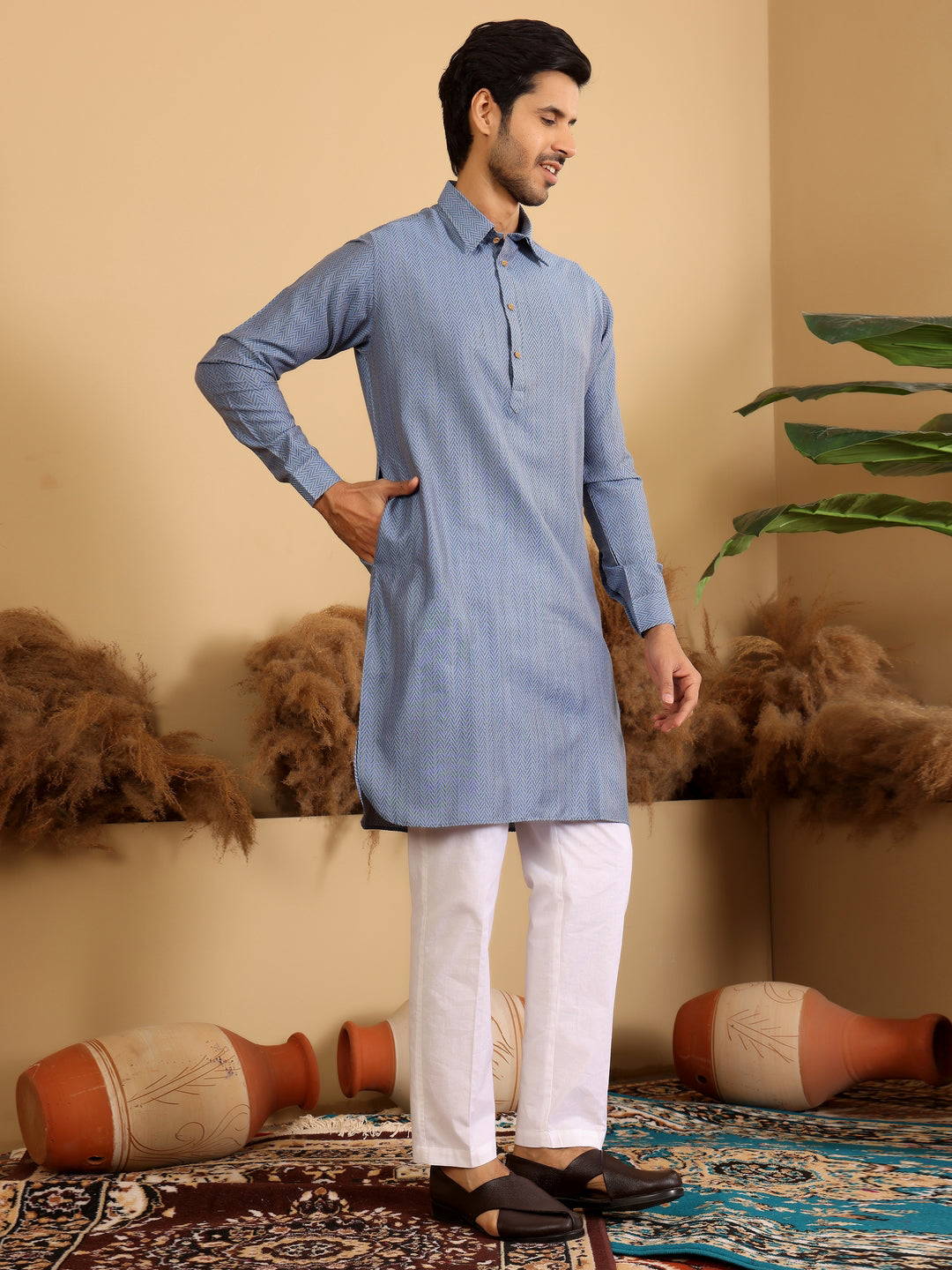 Blue Handwoven Cotton Pathani Kurta
