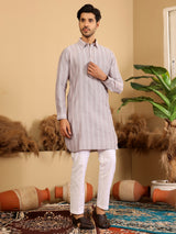 Pink-Grey Self Design Handwoven Cotton Pathani Kurta