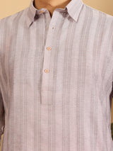 Pink-Grey Self Design Handwoven Cotton Pathani Kurta