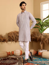 Pink-Grey Self Design Handwoven Cotton Pathani Kurta