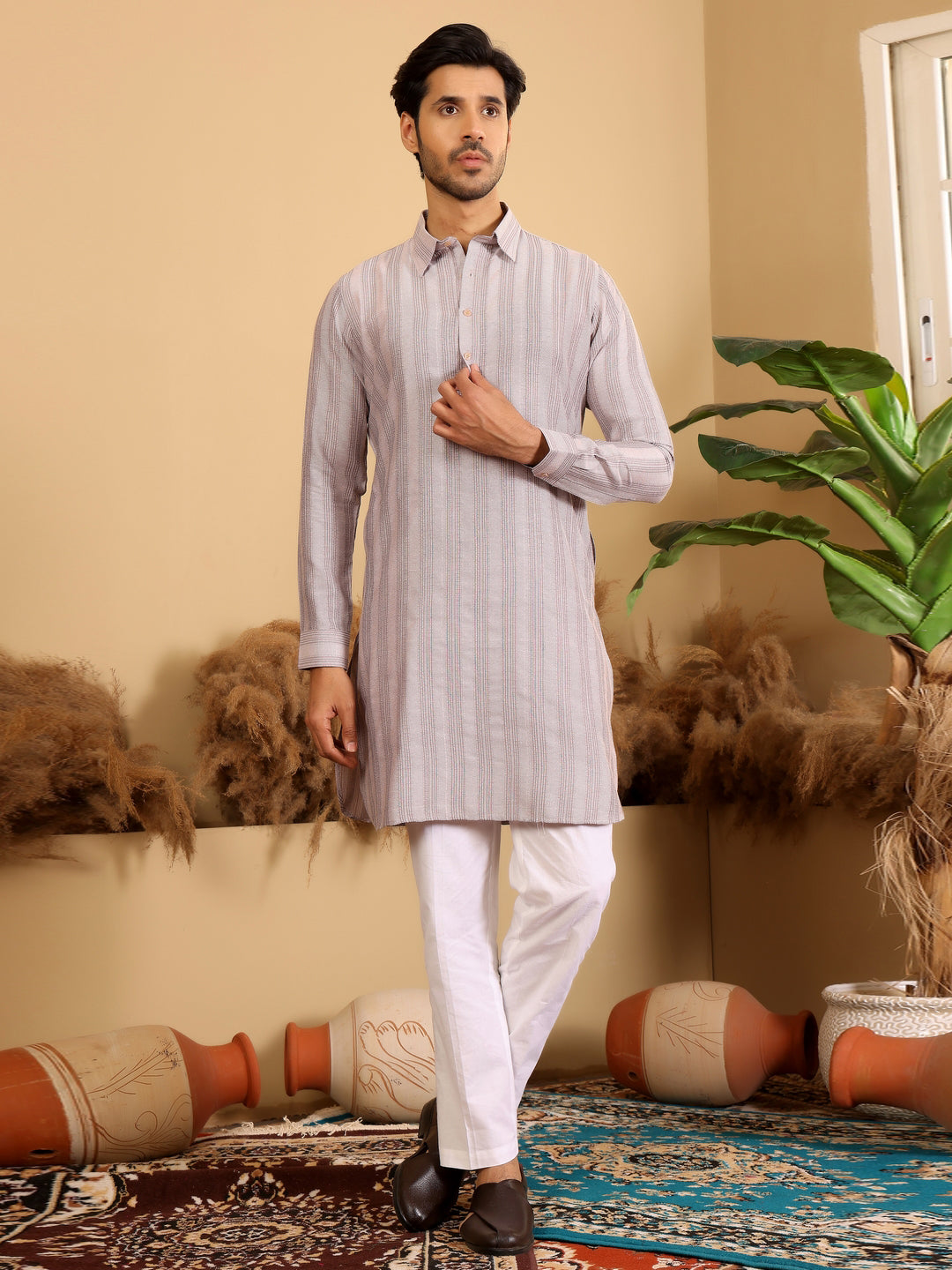 Pink-Grey Self Design Handwoven Cotton Pathani Kurta