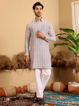 Pink-Grey Self Design Handwoven Cotton Pathani Kurta