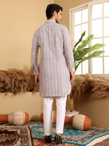 Pink-Grey Self Design Handwoven Cotton Pathani Kurta