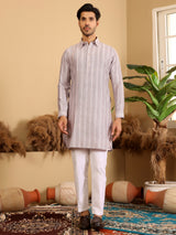 Pink-Grey Self Design Handwoven Cotton Pathani Kurta
