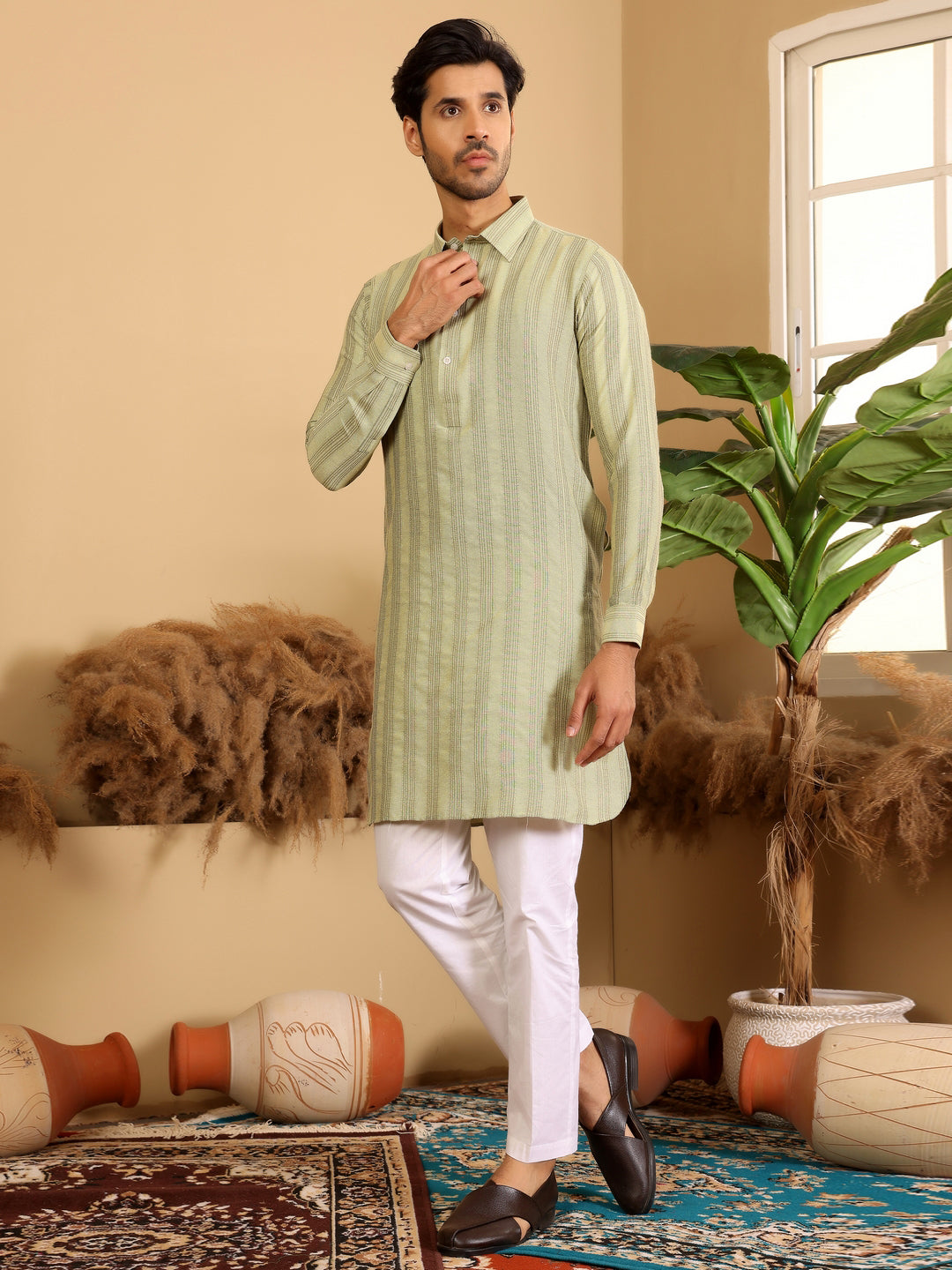 Lime Green-Grey Self Design Handwoven Cotton Pathani Kurta