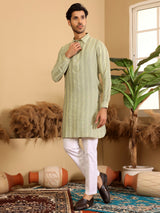 Lime Green-Grey Self Design Handwoven Cotton Pathani Kurta