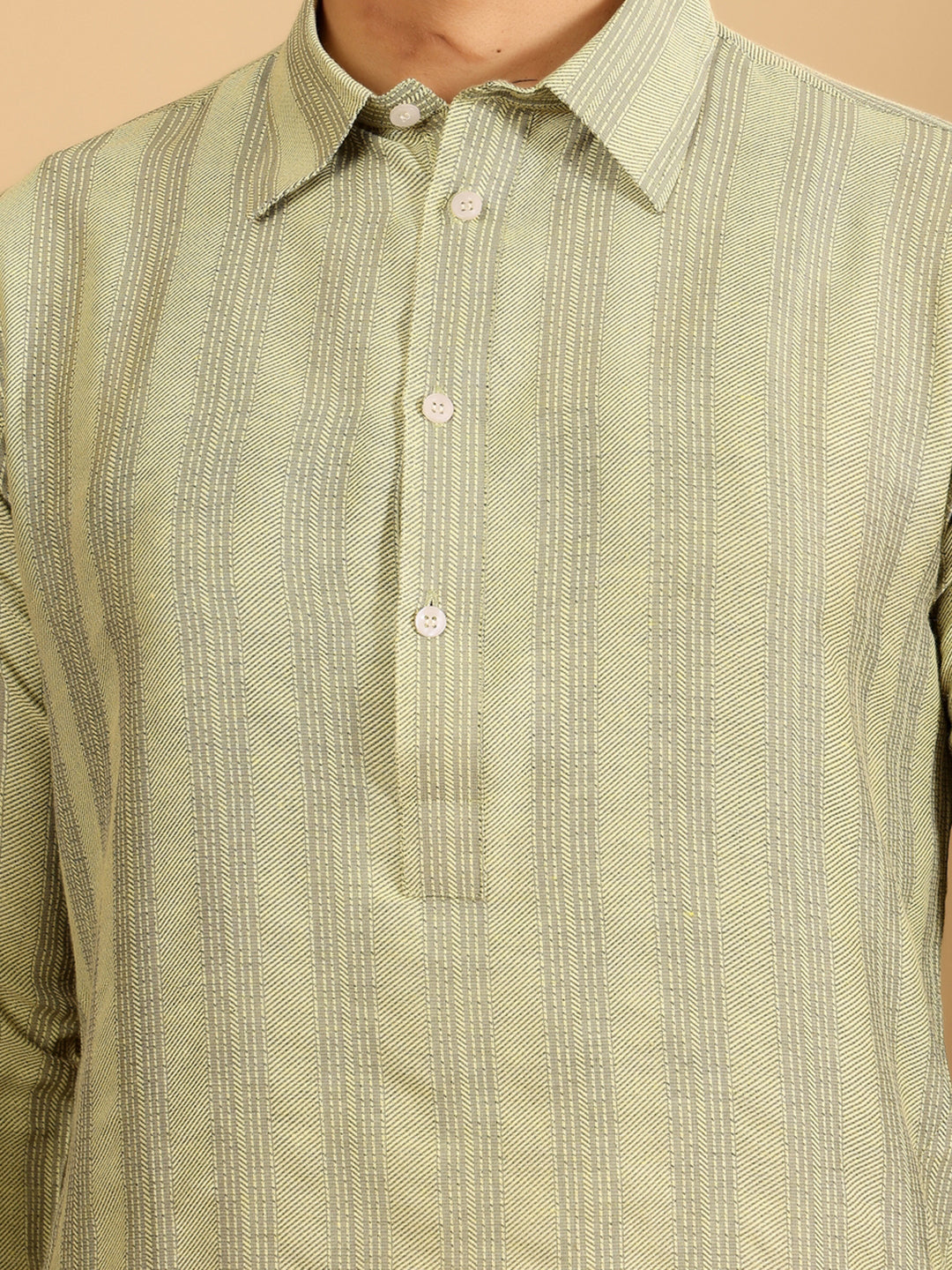 Lime Green-Grey Self Design Handwoven Cotton Pathani Kurta
