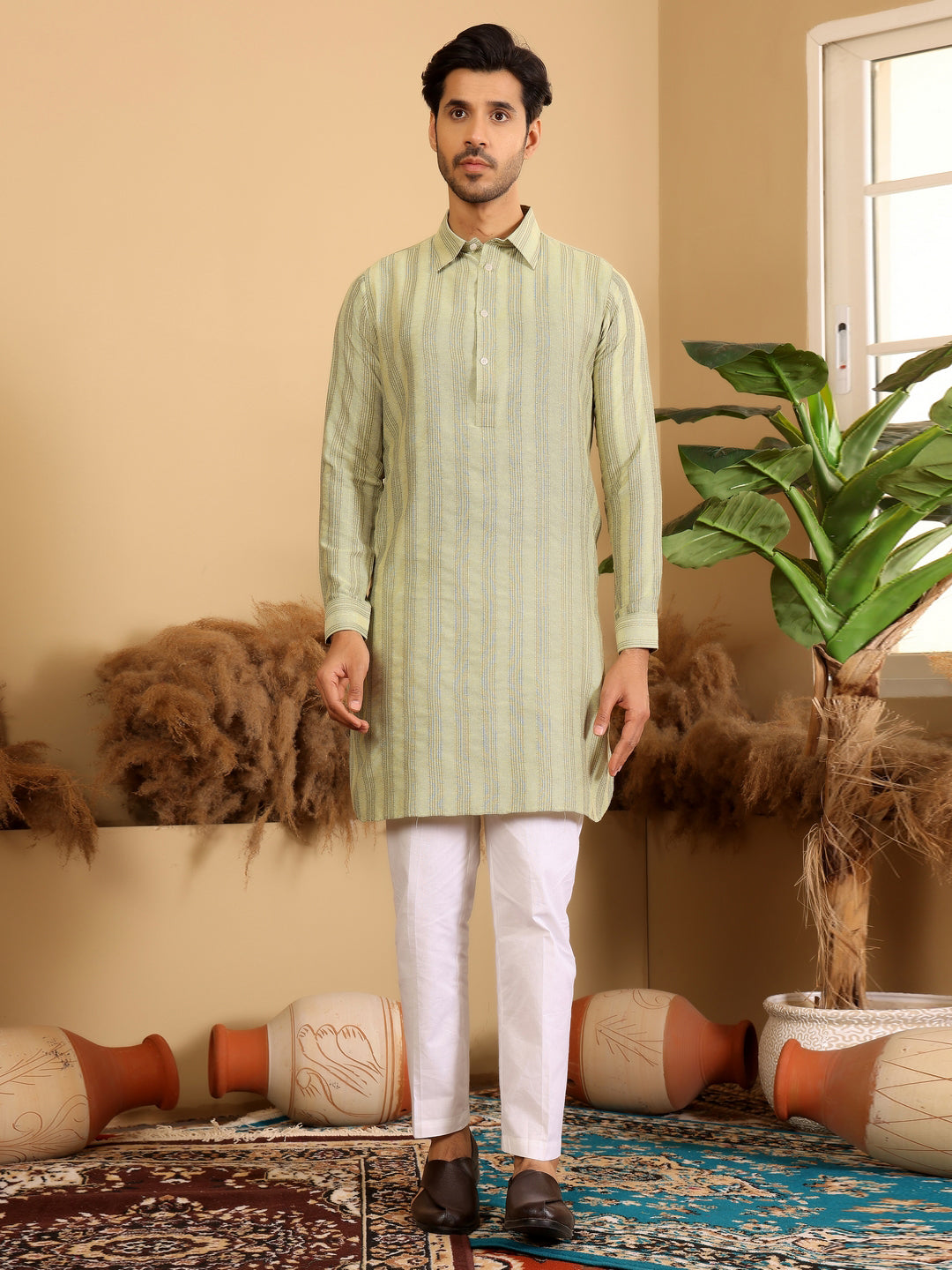 Lime Green-Grey Self Design Handwoven Cotton Pathani Kurta