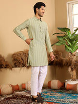 Lime Green-Grey Self Design Handwoven Cotton Pathani Kurta