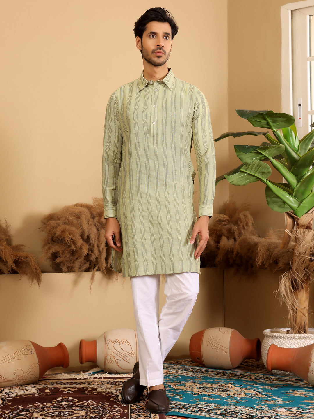 Lime Green-Grey Self Design Handwoven Cotton Pathani Kurta