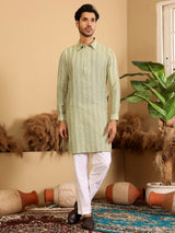Lime Green-Grey Self Design Handwoven Cotton Pathani Kurta