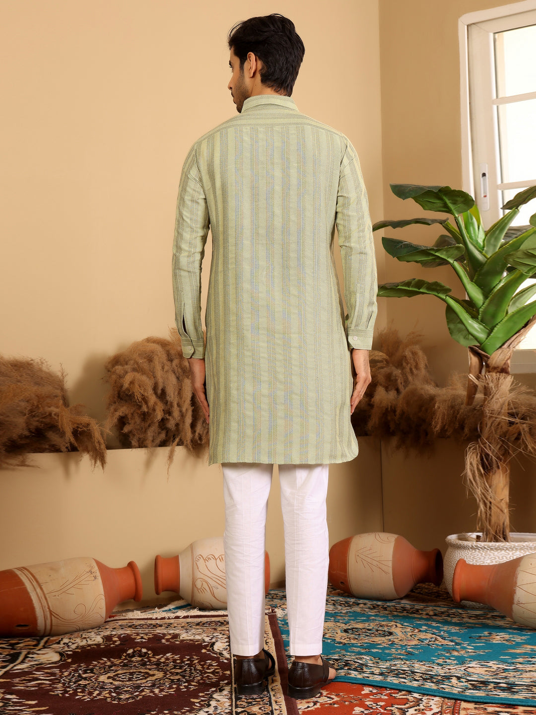 Lime Green-Grey Self Design Handwoven Cotton Pathani Kurta