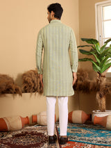 Lime Green-Grey Self Design Handwoven Cotton Pathani Kurta