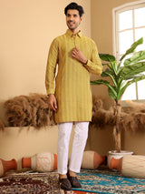Yellow-Grey Self Design Handwoven Cotton Pathani Kurta