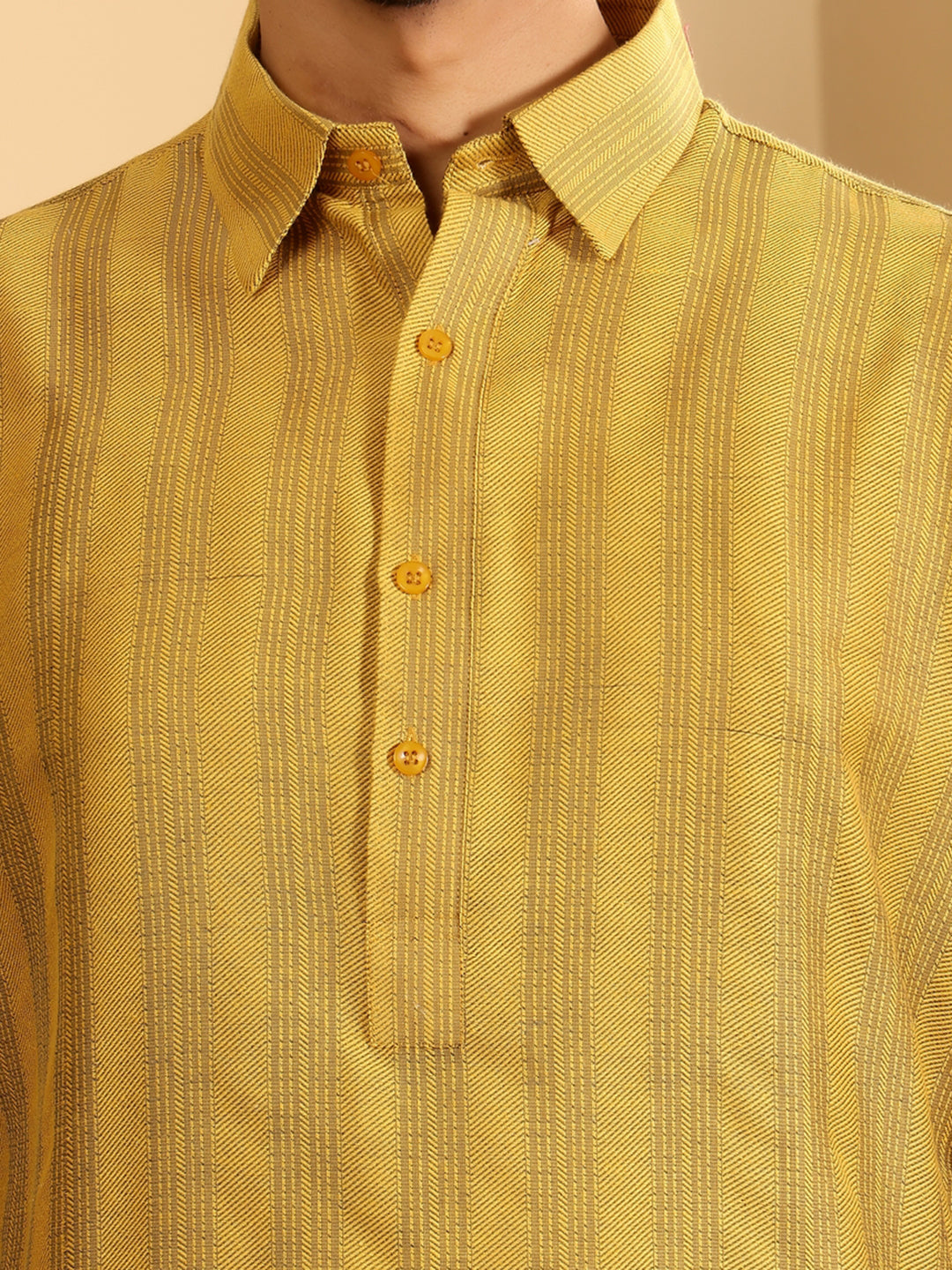 Yellow-Grey Self Design Handwoven Cotton Pathani Kurta