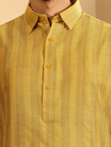 Yellow-Grey Self Design Handwoven Cotton Pathani Kurta