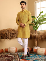 Yellow-Grey Self Design Handwoven Cotton Pathani Kurta