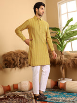 Yellow-Grey Self Design Handwoven Cotton Pathani Kurta