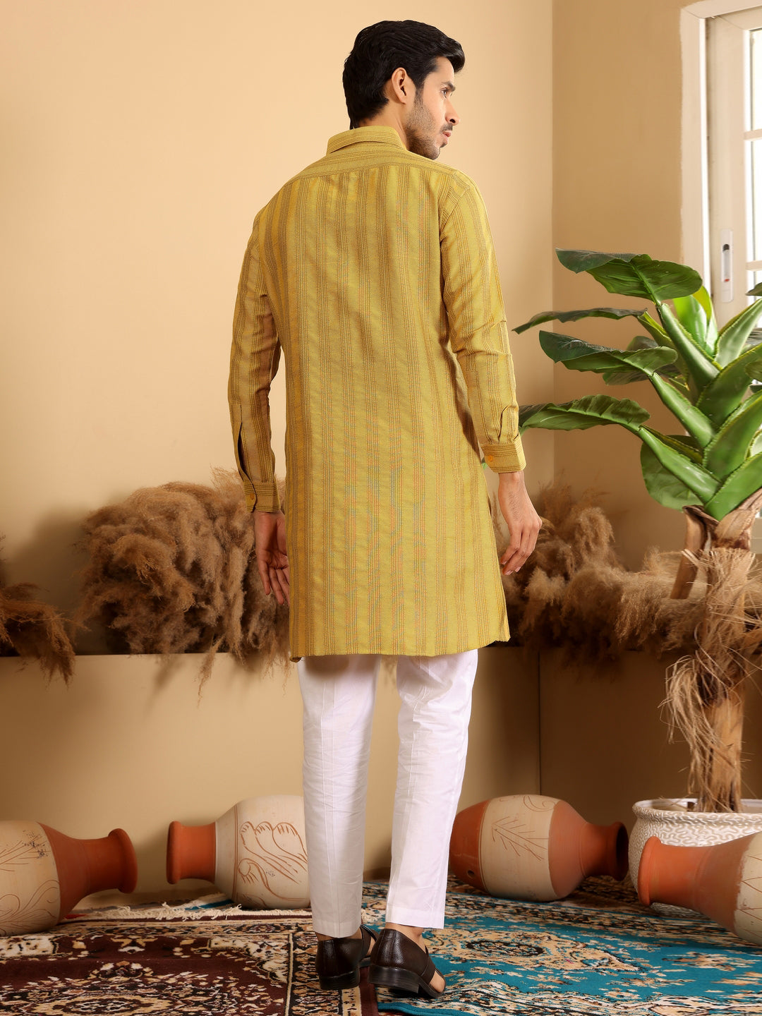 Yellow-Grey Self Design Handwoven Cotton Pathani Kurta